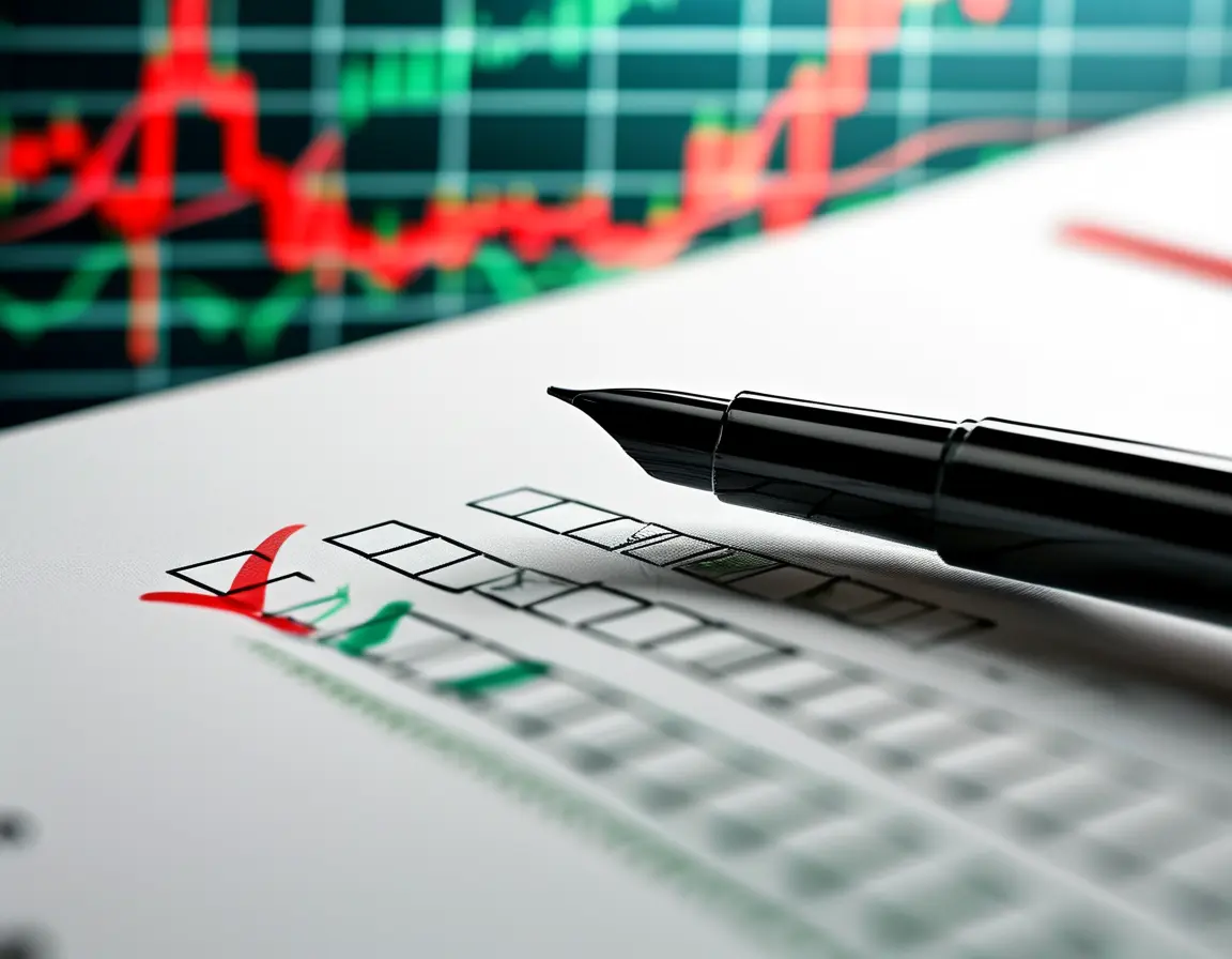 A detailed checklist with a pen and a trading graph in the background.