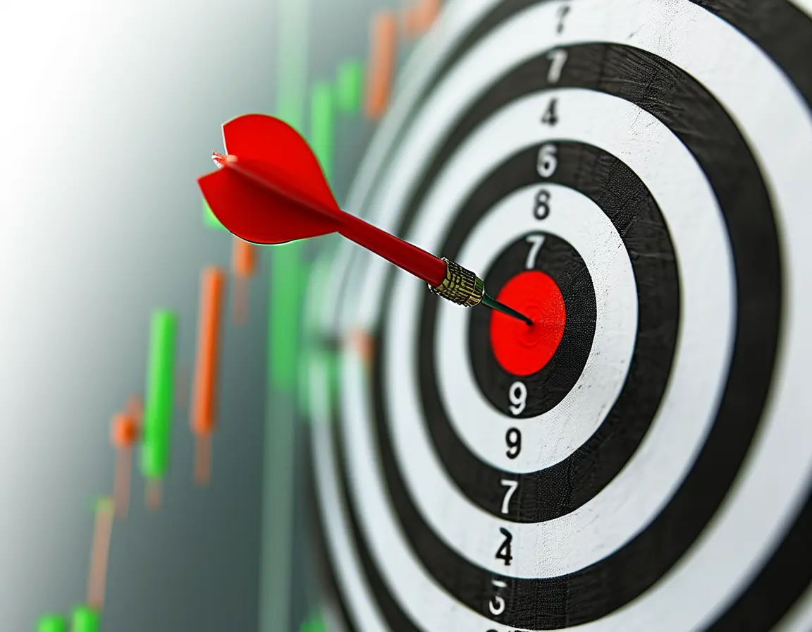 A bullseye target with an arrow hitting the center, surrounded by financial graphs.