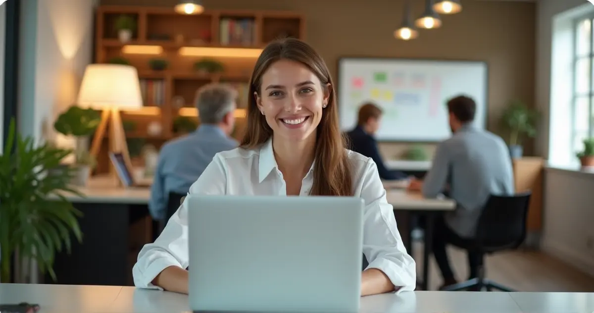 A professional working in a modern hybrid work setup with a laptop at home and an office background blending together