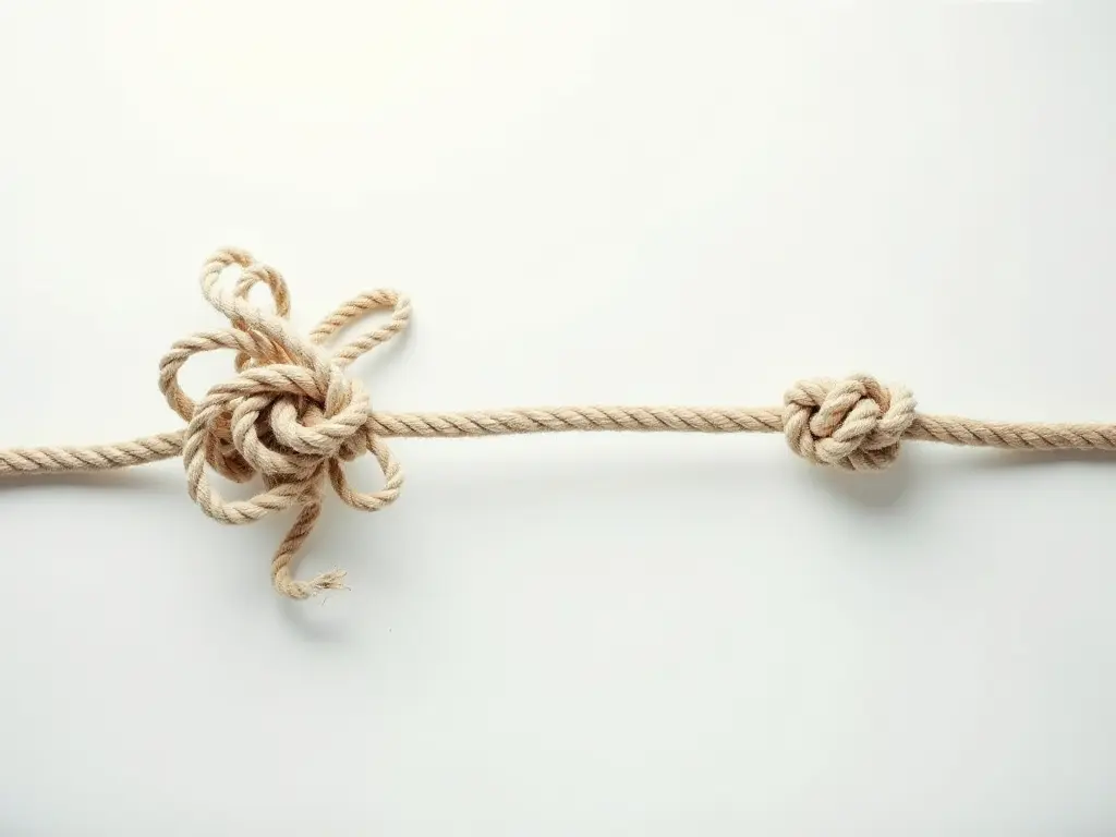 A tangled rope on one side transitioning into a neatly tied knot on the other