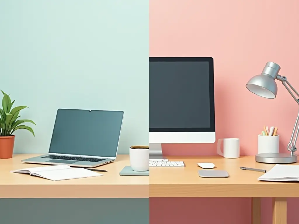 A split workspace showing a tidy home office setup on one side and a corporate office desk on the other