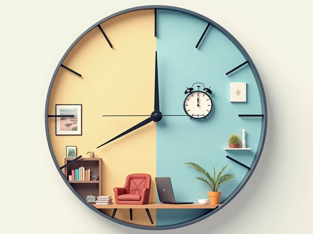 A clock split into two halves, with one side showing a relaxed home setting and the other a busy office environment